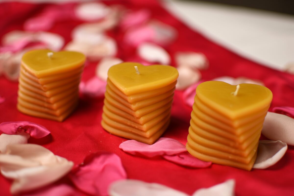 3 handmade beeswax heart shaped candles