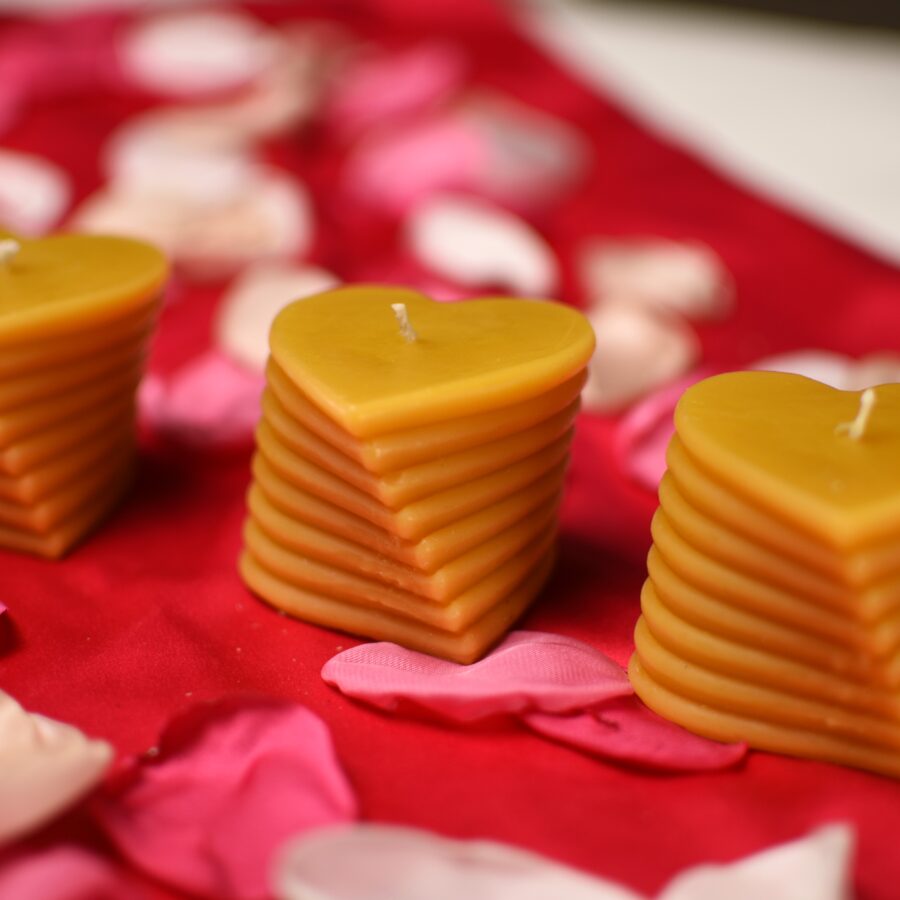3 handmade beeswax heart shaped candles