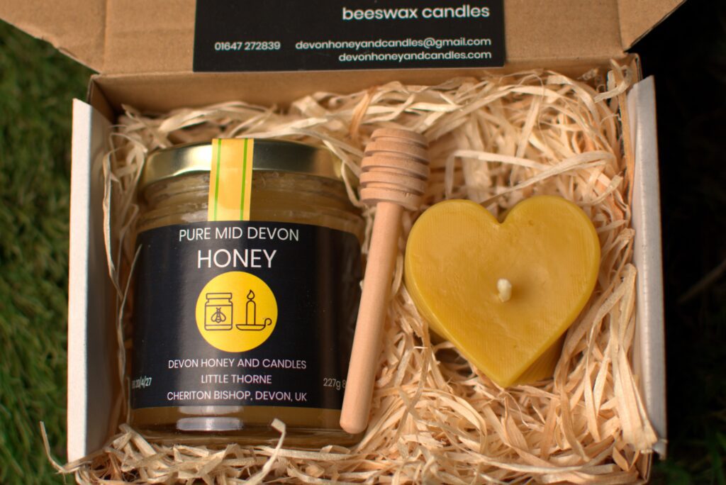 beeswax heart candle and honey gift set